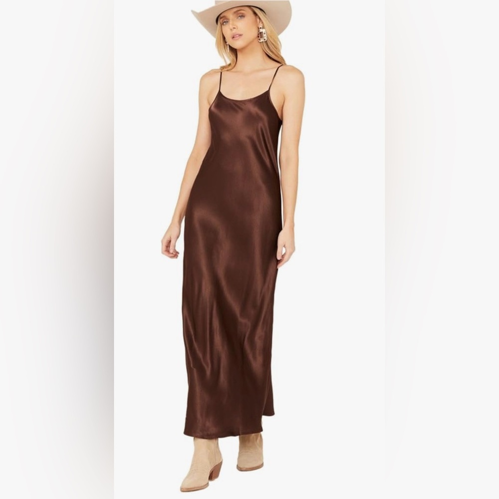 Shyanne Women's Satin Cami Long Midi Dress Dark Brown Country Concert Outfit XS